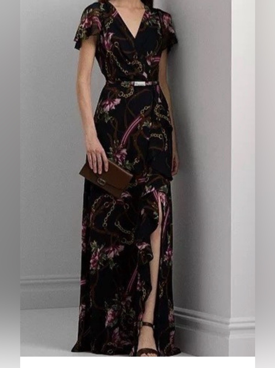 Lauren Ralph Lauren Black Floral Chain-Print Wrap Maxi Dress